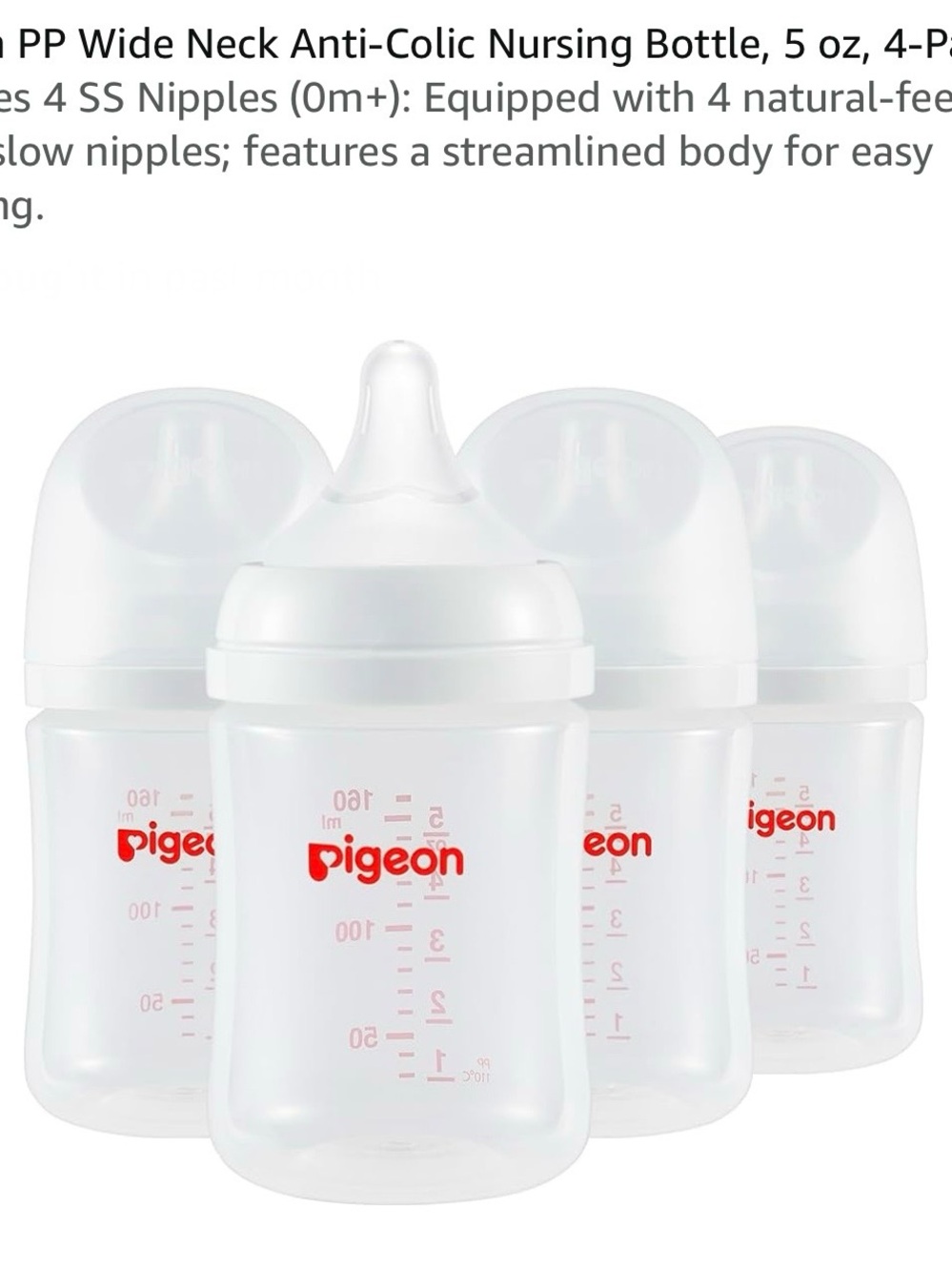 Pigeon Wide Neck Anti-Colic Nursing Bottles - White (4-Pack) 5oz New